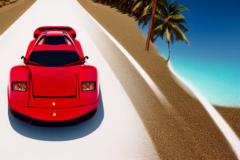 Prompt: award winning photograph of a red ferrari testarossa racing on a road near a white sand beach with palm trees. octane render