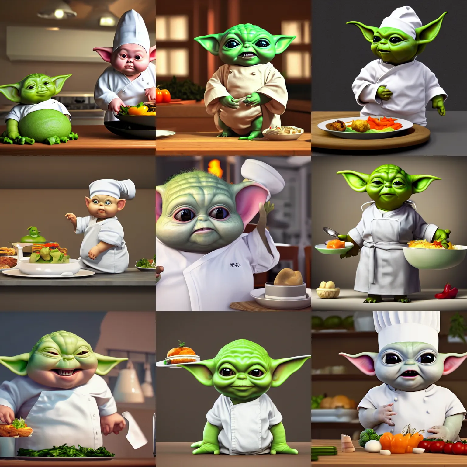 Image similar to curious mouth agape innocent tiny overweight chubby baby yoda as chef wearing white chefs hat and white apron, offering a plate of food, vegetables, photography, hyperrealism, unreal engine, octane 3 d render, houdini, unity 3 d, highres, adobe premier pro