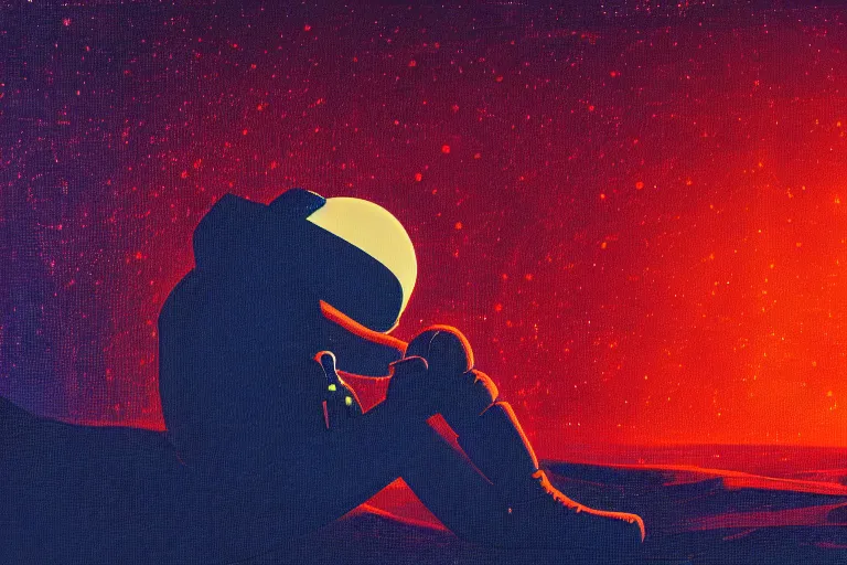 Image similar to an astronaut laying on mars in the style of flooko, acrylic art, detailed, moonlight, red lighting, bokeh, synthwave, psychedelic, glitch, neon,