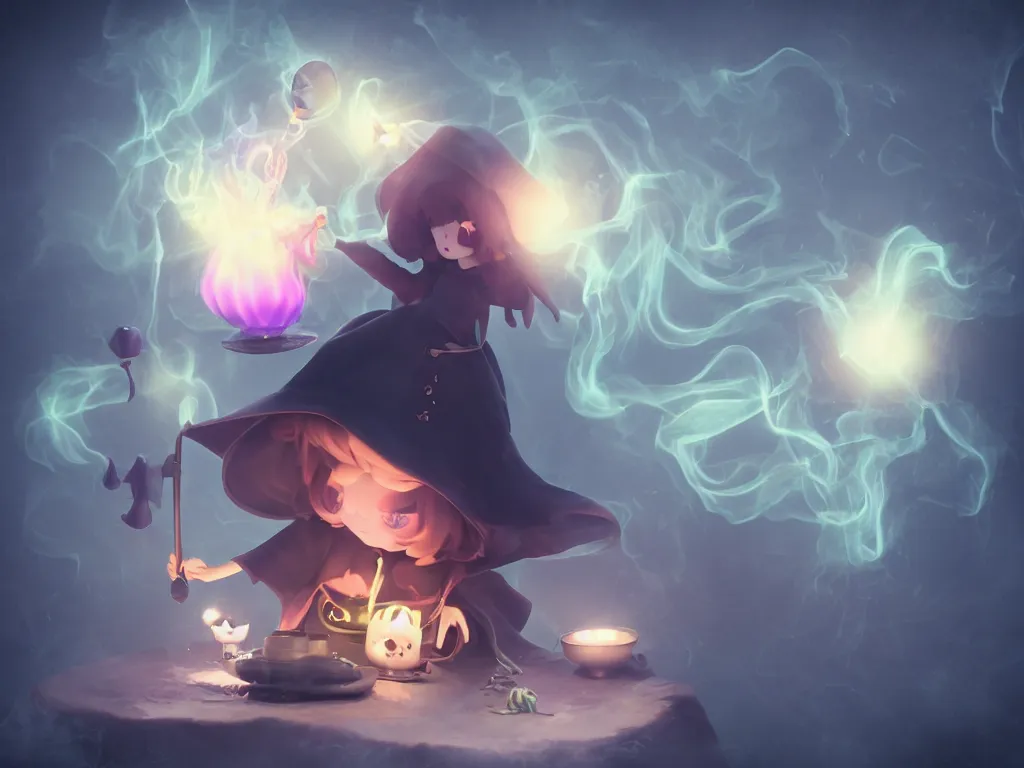 Image similar to cute fumo plush girl witch stirring a cauldron swirling with strange energy, ominous cauldron of glowing potion, eldritch gothic horror, smoke and volumetric fog, witch girl, soothsayer, lens flare glow, chibi anime, vray