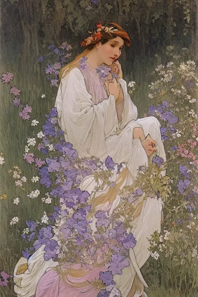 Prompt: atmospheric painting of a fairy in a robe made of flowers, sitting next to a lake by Alphonse Mucha