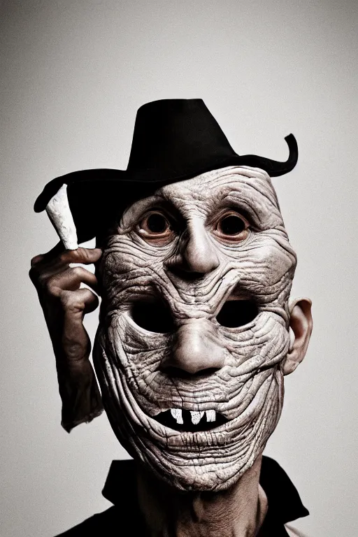 Image similar to portrait photo of an old wrinkled man, skinny face, bony face, long crooked nose, large gaping mouth, black pulcinella mask, masquerade mask, pointy conical hat, white wrinkled shirt, holding pizza, presenting pizza, close - up, skin blemishes, menacing, intimidating, masterpiece by jimmy nelson