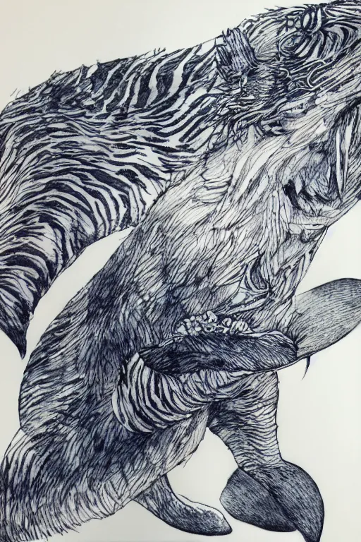 Prompt: Furry dolphin with tiger stripes, pen and ink, intricate line drawings, by Yoshitaka Amano, Ruan Jia, Kentaro Miura, Artgerm, watercolor