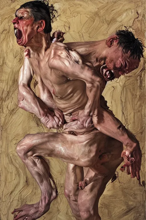 Image similar to portrait of a man enraged, part by Jenny Saville, part by Lucian Freud, part by Norman Rockwell