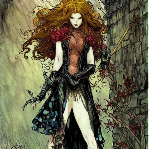 Image similar to a beautiful painting of poison ivy dressed as a teenage vampire, leather armored, dark eyeliner, intricate, elegant, highly detailed, digital painting, artstation, concept art, matte, sharp focus, illustration, art by rebecca guay and by arthur rackham and by alphonse mucha and by john william waterhouse