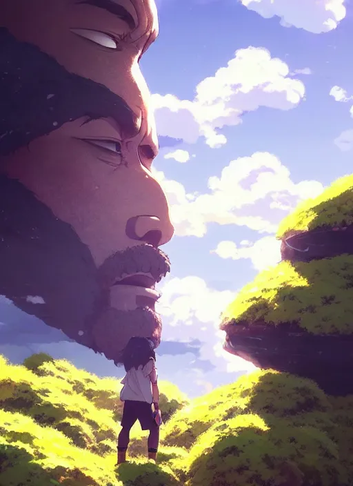 Prompt: portrait of dwayne rock johnson, cloudy sky background lush landscape illustration concept art anime key visual trending pixiv fanbox by wlop and greg rutkowski and makoto shinkai and studio ghibli