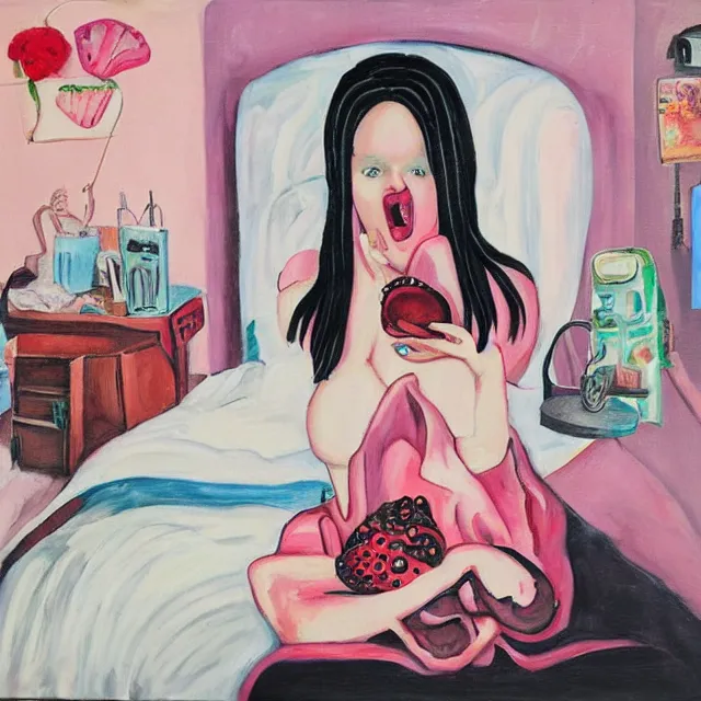 Image similar to a portrait in a female artist's bedroom, black walls, emo girl eating pancakes, sheet music, berries, surgical supplies, handmade pottery, flowers, sensual, octopus, neo - expressionism, surrealism, acrylic and spray paint and oilstick on canvas