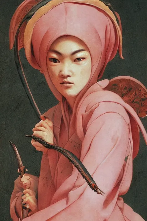 Image similar to Baroque painting of a traditional Kunoichi, inspired by Gustav Moreau and Wayne Barlowe, exquisite detail, hyper realism, ornate, exquisite detail, cute face