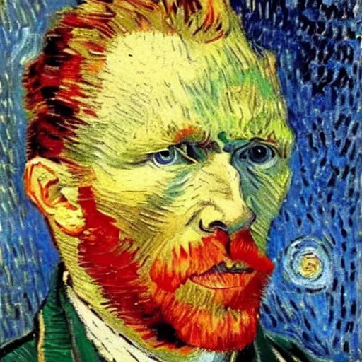 Prompt: self portrait of van gogh, had he lived in the near future, oil painting,