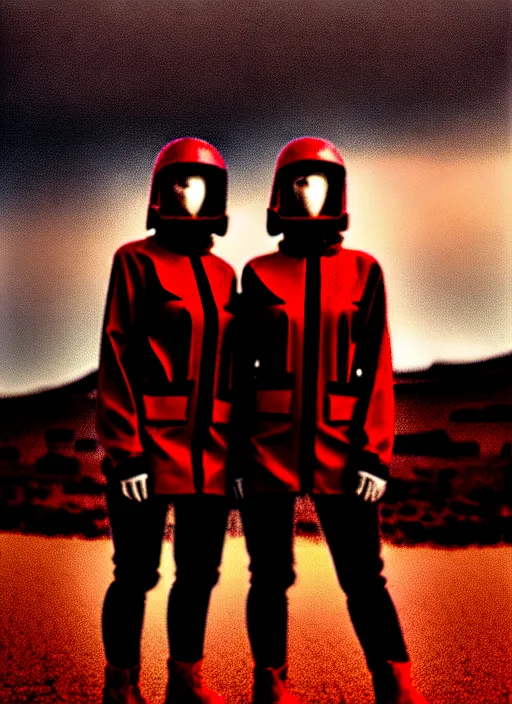 Image similar to cinestill 5 0 d photographic portrait of two loving clones, techwear women on a desolate plain with a red sky, a brutalist dark metal facility in the background, dust storm, depth of field, 4 k, 8 k, hd, full color