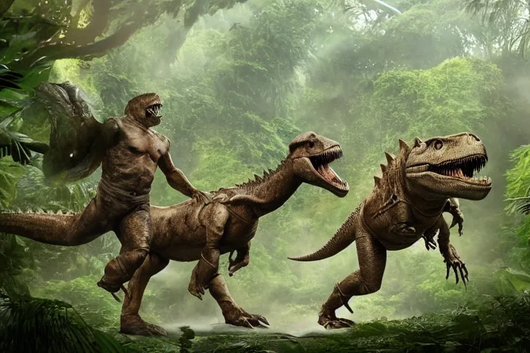 Prompt: a photo of a human fighting a t rex in a fantasy jungle, photorealistic, hd, 8 k