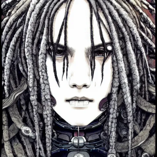 Image similar to a beautiful ukiyo painting of robot with dreadlocks, wearing space techwear, detailed symmetrical close up portrait, intricate complexity, by takato yamamoto, wlop, krenz cushart. cinematic dramatic atmosphere, sharp focus