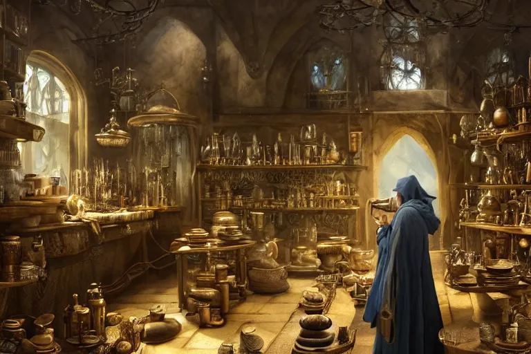 Prompt: Beautiful hyperrealistic detailed award winning photography of an alchemist in its alchemy shop filled with magical artifacts that looks like it's from lord of the rings and bazaar by greg rutkowski, andreas rocha and john howe, and Martin Johnson Heade,featured on artstation, ultrawide angle,f16 , golden ratio, f32, well composed, cohesive