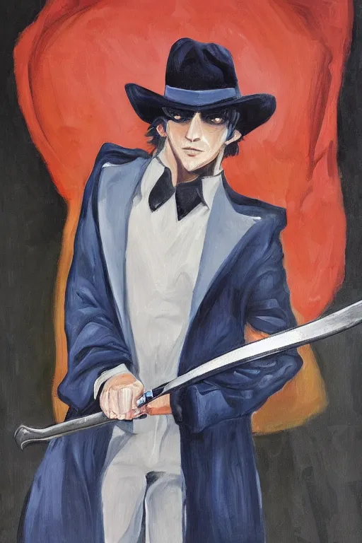 Image similar to speedwagon holding a sword, painting