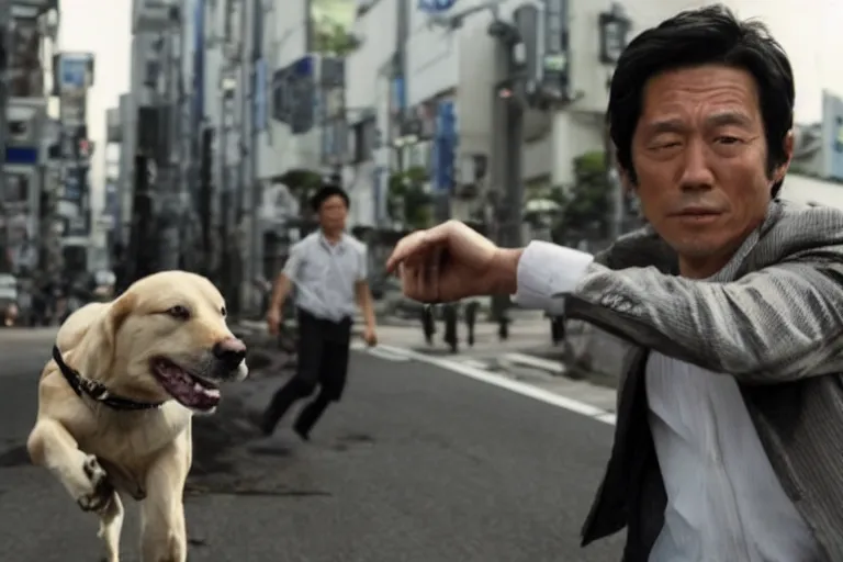 Image similar to cinematography action movie closeup portrait of a Japanese business man carrying his dog running from an explosion in Tokyo by Neil blomkamp