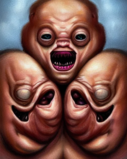 Image similar to Two-headed portrait Painting of a chubby fat EXTRATERRESTRIAL creature with big bulging eyes, white milky eyes, eyeballs, two heads, flabby skin, excess skin hanging from cheeks, straw-like beard growing from face, disgusting, creepy, unsettling, horror, upper body, intricate, wild, highly detailed, digital painting, artstation, concept art, smooth, sharp focus, illustration, art by artgerm and greg rutkowski and alphonse mucha