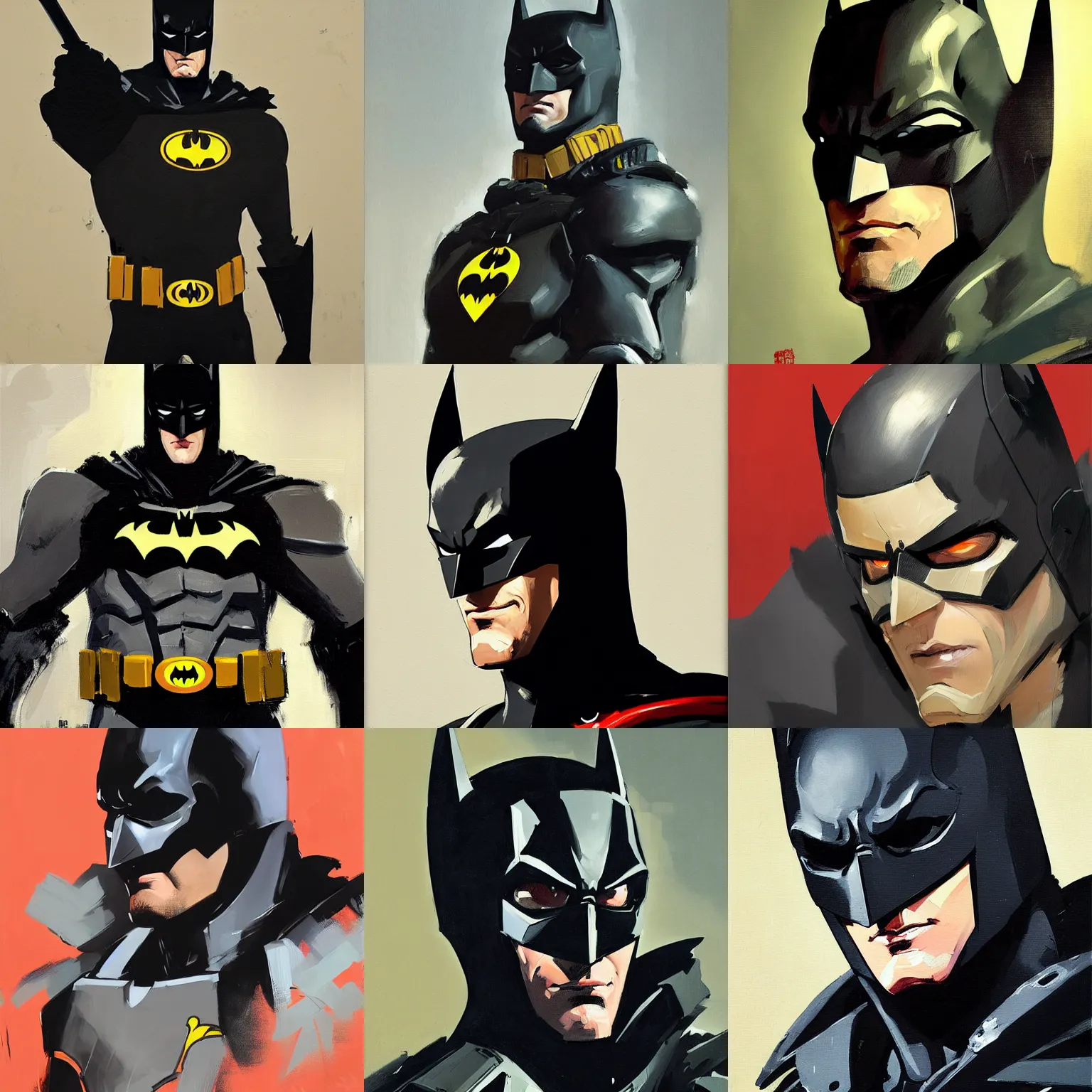 Prompt: ashley wood portrait painting of batman, as overwatch character, medium shot, asymmetrical, profile picture, organic painting, dramatic lighting, matte painting, bold shapes, hard edges, 6 0 s french movie poster, french impressionism, palette knife and brush strokes, dutch angle, trending on artstation, by huang guangjian and gil elvgren and sachin teng