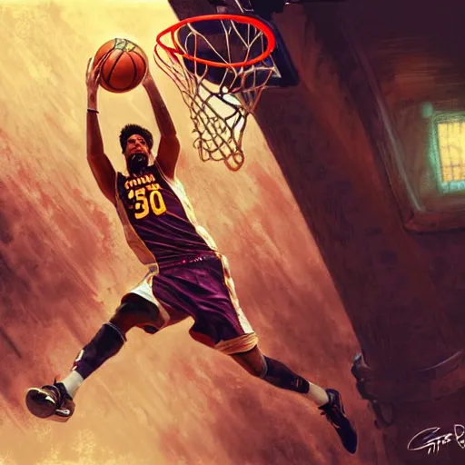 Image similar to Messi dunking a basketball in the NBA, D&D style, fantasy, intricate, elegant, highly detailed, digital painting, artstation, concept art, matte, sharp focus, illustration, art by Artgerm and Greg Rutkowski and Alphonse Mucha