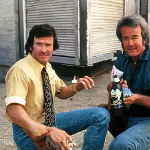 Prompt: kevin tighe and randy mantooth sitting by a dumpster, drinking from beer bottles, there are empty bottles scattered on the ground