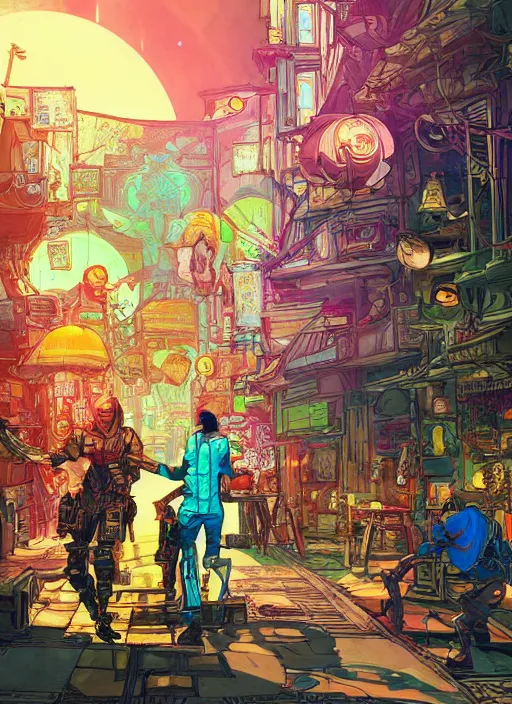 Image similar to bazaar zouk oriantal full color sky shine place mosquet painting digital illustration hdr stylized digital illustration video game icon global illumination ray tracing advanced technology that looks like it is from borderlands and by feng zhu and loish and laurie greasley, victo ngai, andreas rocha, john harris