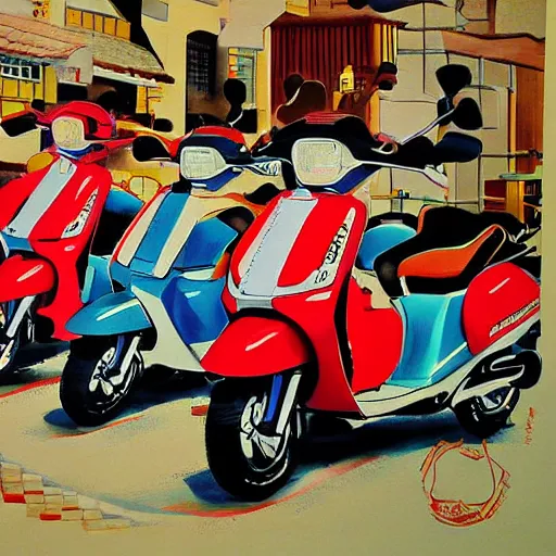 Image similar to anime painting of a japanese scooter meetup, 5 0 ccm, 7 5 ccm