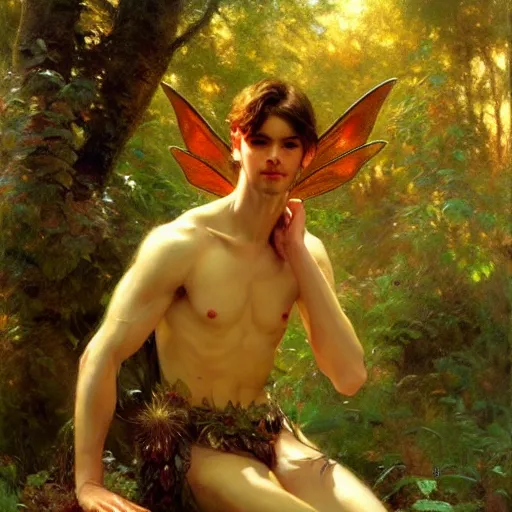 Image similar to attractive male fairy with wings in the forest, posing. highly detailed painting by gaston bussiere, craig mullins, j. c. leyendecker, 8 k