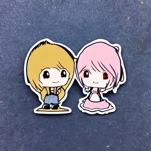 Prompt: die cut sticker of anime chibi kawaii cute boy and girl on beach vacation