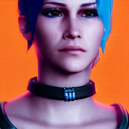 Image similar to headshot of punk female from cyberpunk 2077 wearing thick steel choker around neck, 4K, detailed face, collar on neck, realistic, artstation, neon,