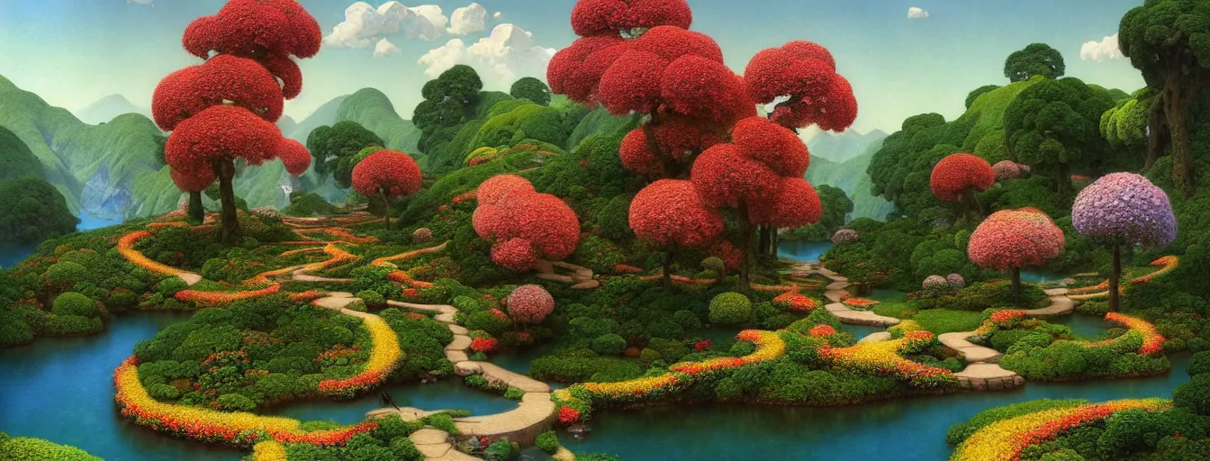 Image similar to a gorgeous very early spring series of lush islands separated by flower - lined streams, twisted gardens, flower paths with stone steps, painting by barlowe wayne maxfield parrish and marco mazzoni. tree no leaf!!!! china mountain village!! very little light verdancy. ultra clear detailed. 3 d, octane render. turbulent blood lake.