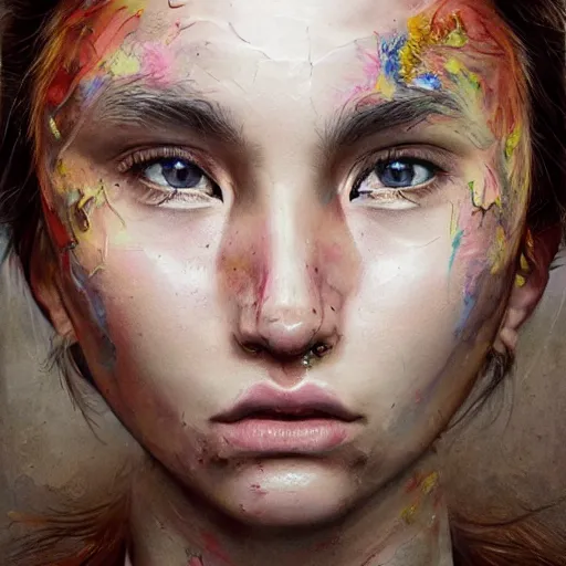 Image similar to hyperrealistic mixed media painting by thomas eakes and xiang duan, perfect facial symmetry, dim volumetric lighting, 8 k octane beautifully detailed render, post - processing, portrait, extremely hyper - detailed, intricate, epic composition, brown eyes, highly detailed eyes, realistic eyes, cinematic lighting, masterpiece, trending on artstation, very very detailed, masterpiece, stunning,