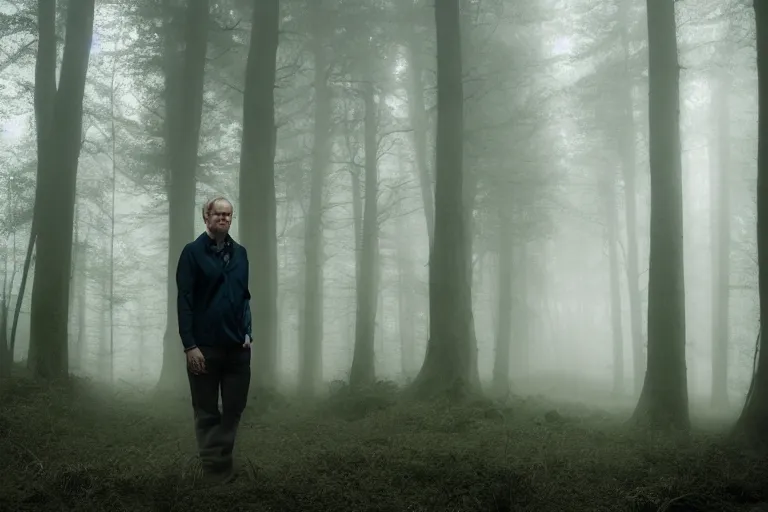 Image similar to a cinematic headshot portrait of a male scientist, in a spooky forest, fog, portrait, portrait, portrait, shrubbery, 8 k, detailed, backlight, deep focus, movie still, moody lighting, by werner herzog