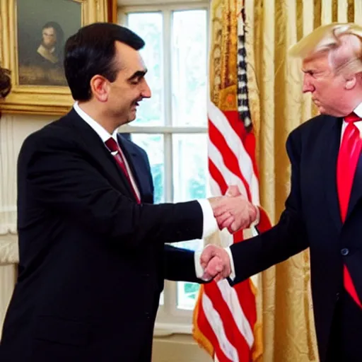 Image similar to mr bean shaking hands with donald trump