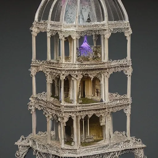 Prompt: a faded color photo of a miniature tabletop gothic house under an ornate glass dome, by paulette tavormina and michael whelan, faded and dusty, hyper realistic, extremely detailed, dramatic lighting, victorian