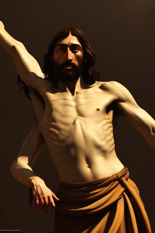 Prompt: jesus on cross, painting by caravaggio, masterpiece, highly detailed, artstation, concept art, dark background, octane render