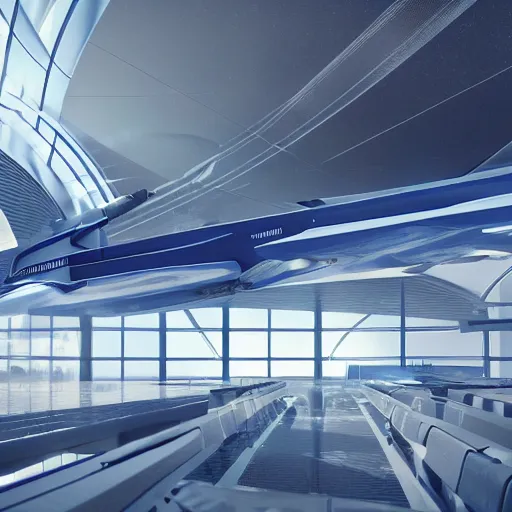 Image similar to A scifi futuristic airport, rockets are tech, blue and grey, octane render, digital art