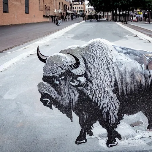 Prompt: a buffalo covered in flour in the middle of the street, graffiti art