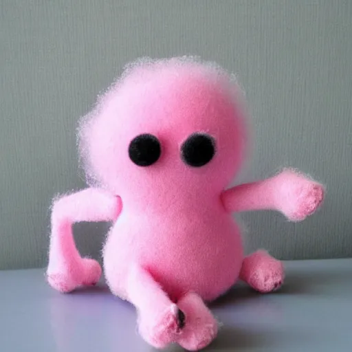 Prompt: pink stuffed spider doll, homemade, handcrafted, imperfect, puffy, fluffy