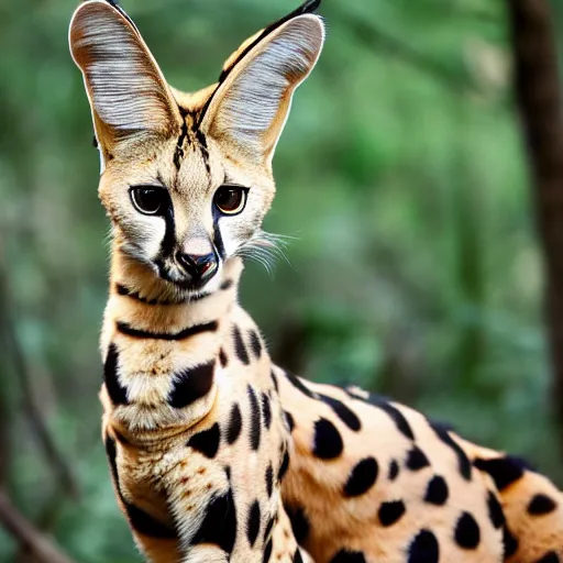 Image similar to photo of a serval whose torso is extremely long and thin and twisted into a coil, resembling a snake. it is in an oak forest. its tongue is a long forked snake - tongue. nature photography ; high - resolution.