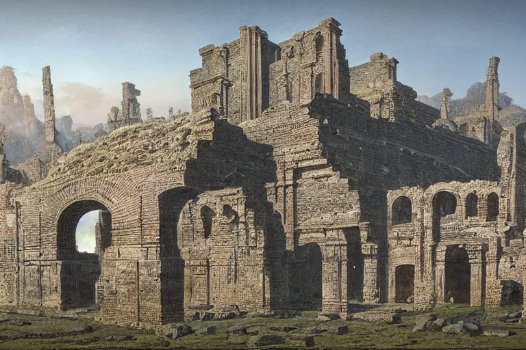 Prompt: intricate, 3 d, ancient city ruins, style by caspar david friedrich and wayne barlowe and ted nasmith.