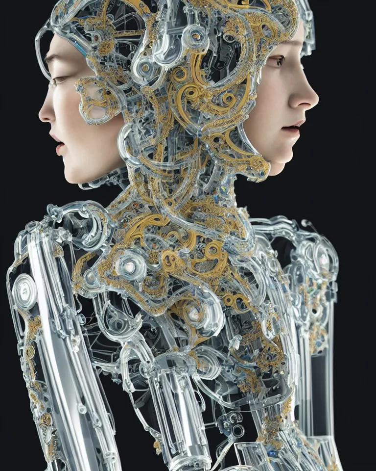 Image similar to beautiful cybernetic baroque robot, beautiful baroque porcelain face + body is clear plastic, inside organic robotic tubes and parts, symmetric, front facing, wearing translucent baroque rain - jacket + symmetrical composition + intricate details, hyperrealism, wet, reflections + by alfonse mucha and moebius, no blur dof bokeh