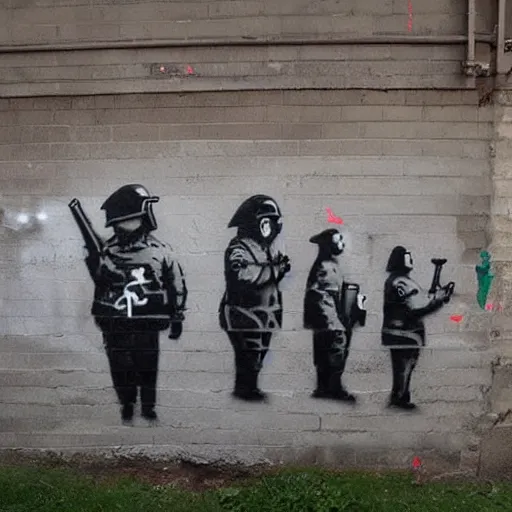 Image similar to photo of banksy graffiti depicting rabbits dressed as riot police