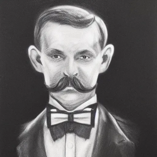 Image similar to charcoal portrait of an early 20th century occult detective mustache, bow tie