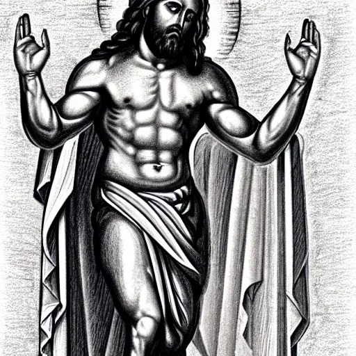 Prompt: muscular gigachad benediction, gigachad jesus, pointing to heaven, pencil art, holy iconography