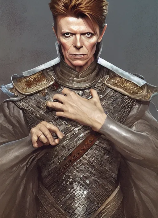 Image similar to david bowie as medieval prince, intricate, elegant, highly detailed, digital painting, artstation, concept art, smooth, sharp focus, illustration, game of thrones, art by greg rutkowski and alphonse mucha and aleksi briclot