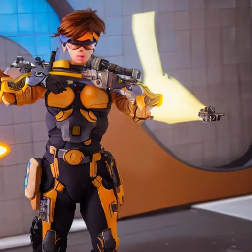 Image similar to a screenshot of arnold schwarzenegger as tracer in overwatch