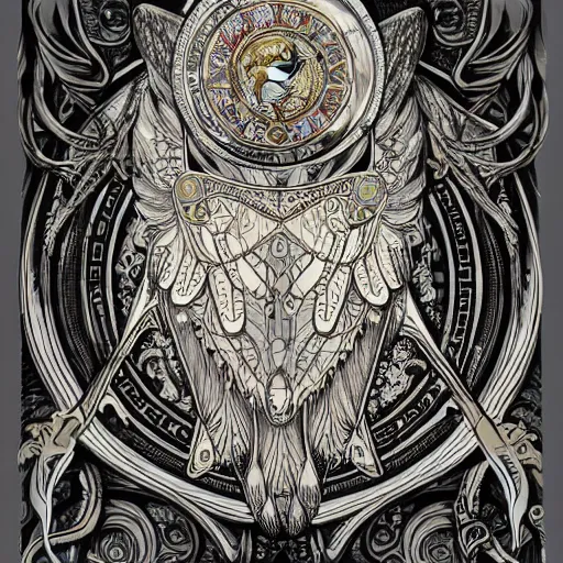 Prompt: horned owl , open wings, holding a pocket watch , art nouveau, Alphonse Mucha, hyper detailed, flowing motifs, lineart, intricate, 8k , night