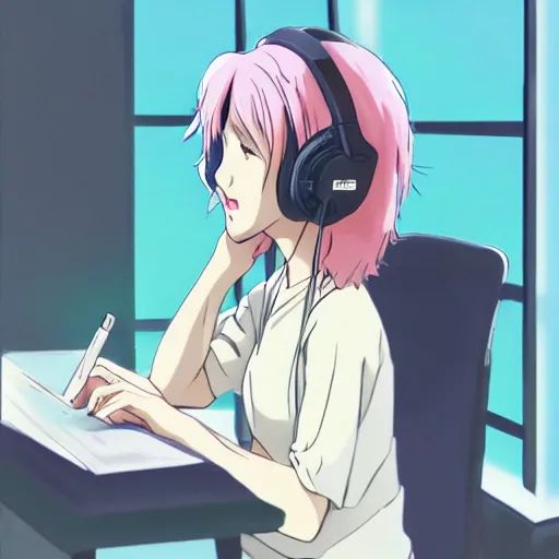 Image similar to high definition anime portrait of an anime girl with pastel colored hair sitting at a desk studying with headphones on, background is a window looking out into a busy Tokyo district, lo-fi art, by Studio Ghibli, trending on artstation, sharp high quality anime, digital art, photoshop, proportionate, ambient lighting