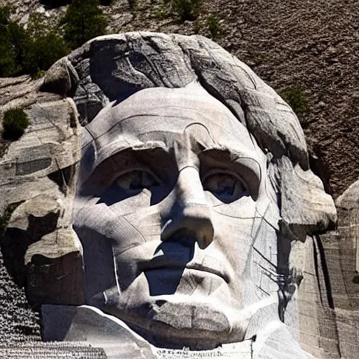 Image similar to donald trump's face carved into rock on mount rushmore. the photo clearly depicts the facial features of donald trump, at a slightly elevated level, depicting his particular hair style carved into the stone at the mountain top, centered, balances, regal, pensive, powerful, just