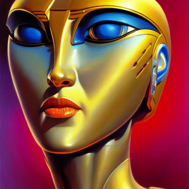 Image similar to a beautiful painting cyberpunk robot queen of egypt face, by boris vallejo realistic oil painting