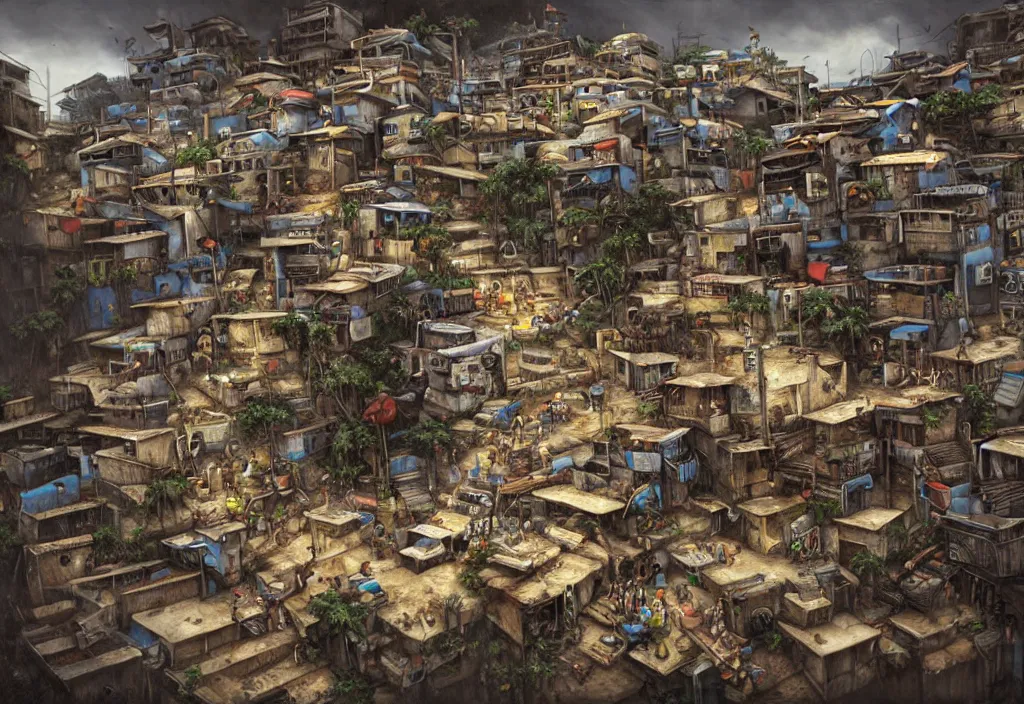 Image similar to photorealistic favela rio with precise rendered guns with intricate details of gun happy people in by Justin Gerard